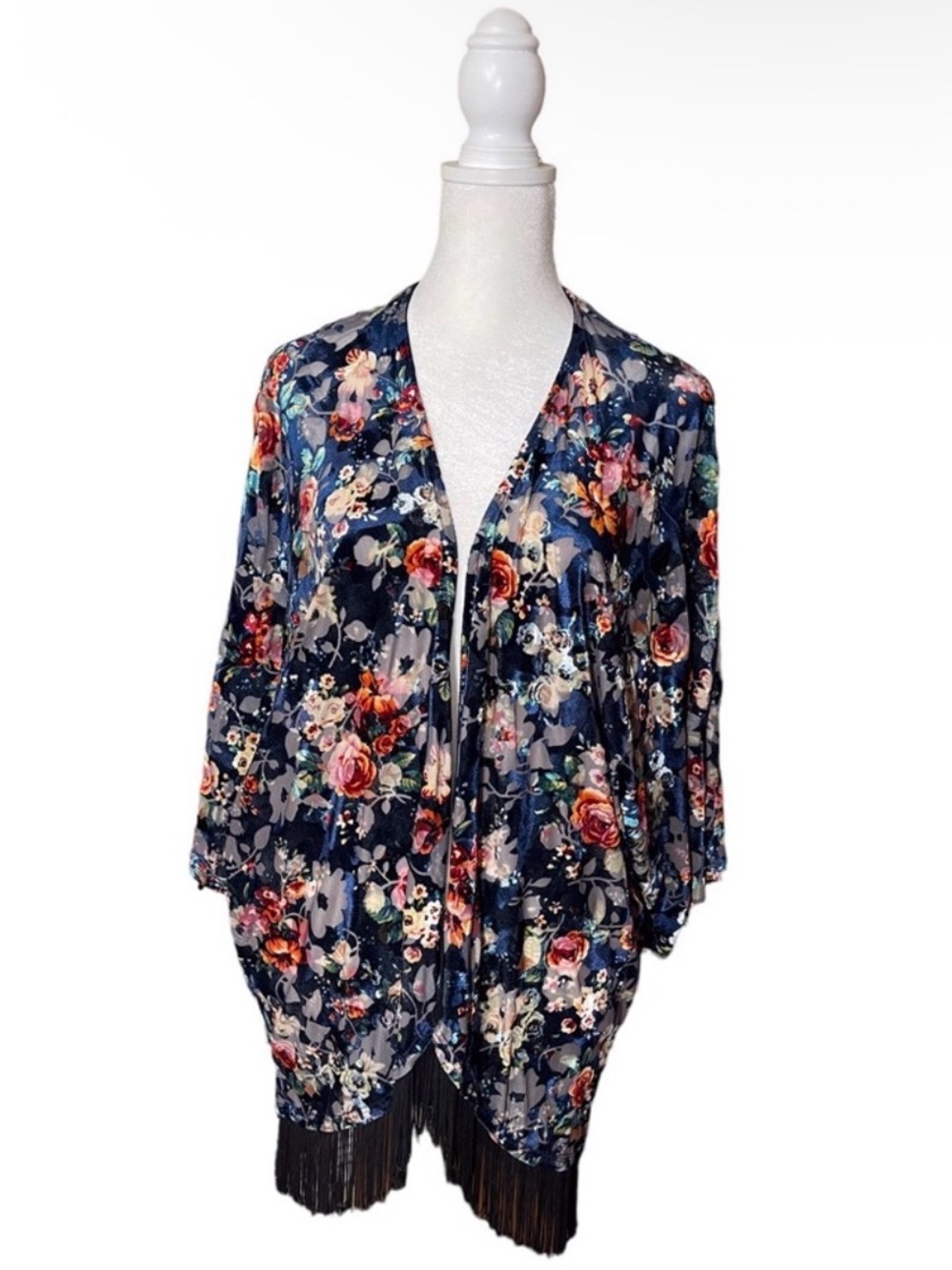 Mauve Medium Multi-Color Floral Velvet Open Front Fringe Cardigan Fall Kimono